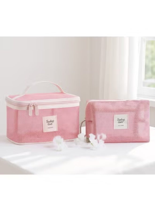 Ramadan's Practical Gem – Pink Soft Mesh Makeup & Toiletry Bag, Lightweight Portable Organizer with Handle & Zipper for Women - Image 2